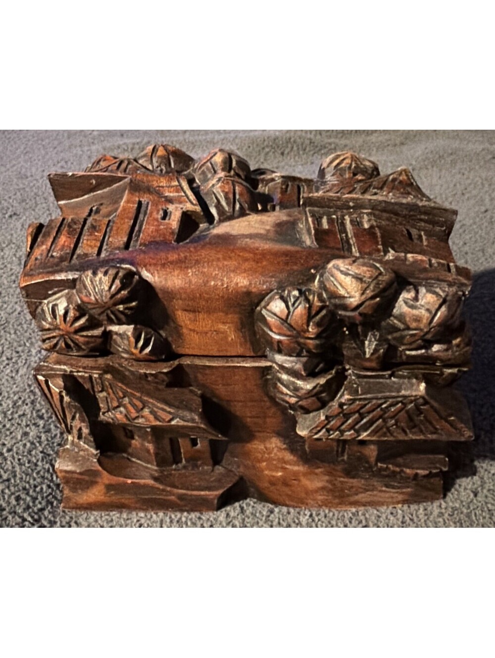 Vintage Hand Carved Wood Village Design Jewelry Trinket Box
